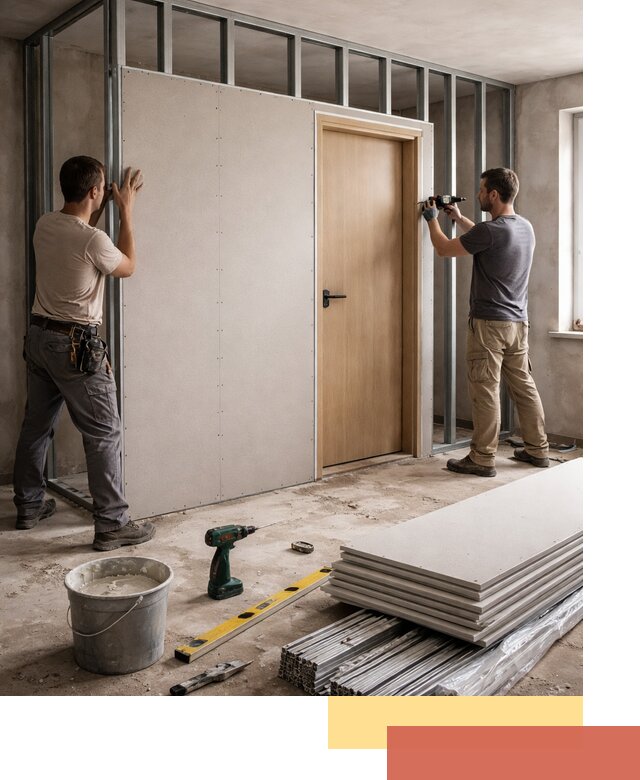 Перегородка из гипсокартона с дверью под ключ в Волгодонске