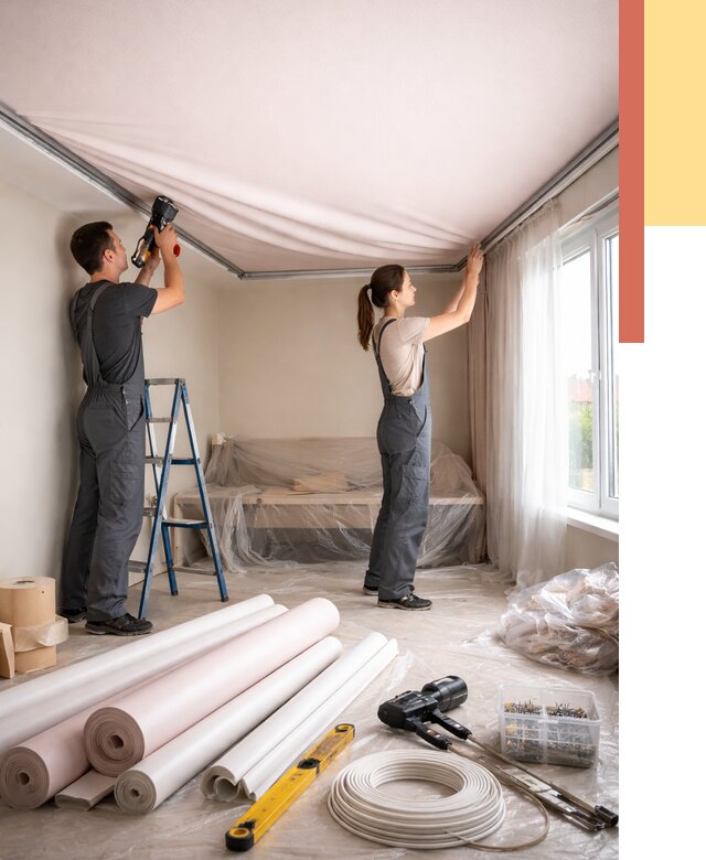 Монтаж цветного натяжного потолка в Волгодонске от 4596 руб/м² — быстро и недорого | ОТДЕЛОЧНИК-Вгн