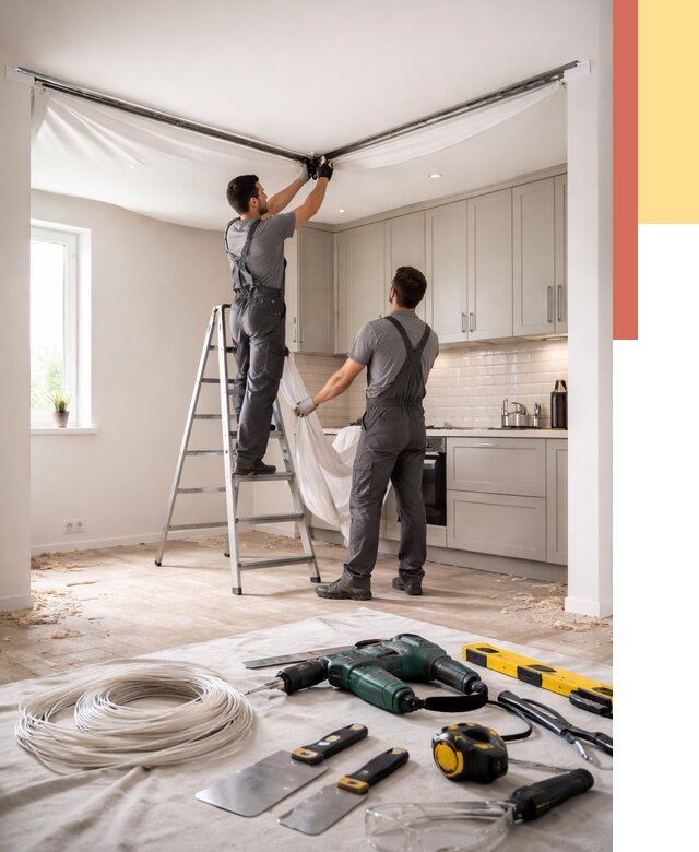 Установка натяжного потолка на кухне в Волгодонске от 2626 руб. | ОТДЕЛОЧНИК-Вгн